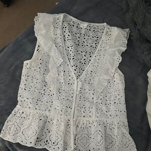 Veronica Beard White Eyelet Ruffle Blouse